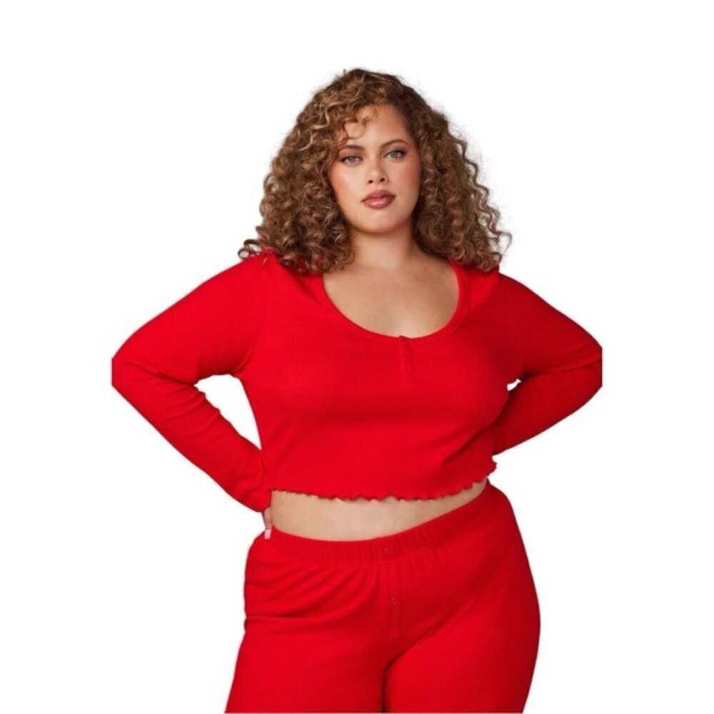 Savage X Fenty Long Sleeve Crop Women's Size‎ 1X Goji Berry Red Waffle Sleepwear